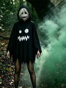 1pc Halloween Ghost Hooded Costume Adult Funny Pumpkin Face Cape Cosplay Outfit Prop - White - View 6