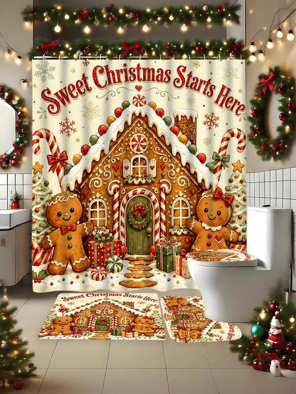 1/4pcs Vintage Gingerbread House & Gingerbread Man Christmas Theme Bathroom 4-Piece Set, Waterproof & Mildew-Resistant Thickened Polyester Shower Curtain + Non-Slip Absorbent Bath Mat + U-Shaped Contour Mat + Toilet Lid Cover, No-Drill With Hooks, Sweet Christmas Starts Here Holiday Atmosphere Home Decor Set
