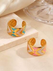 2pcs Stainless Steel Fashion Minimalist Colorful Oil Drop Rings Suitable For Women Daily Wear And Party - Multicolor - View 5