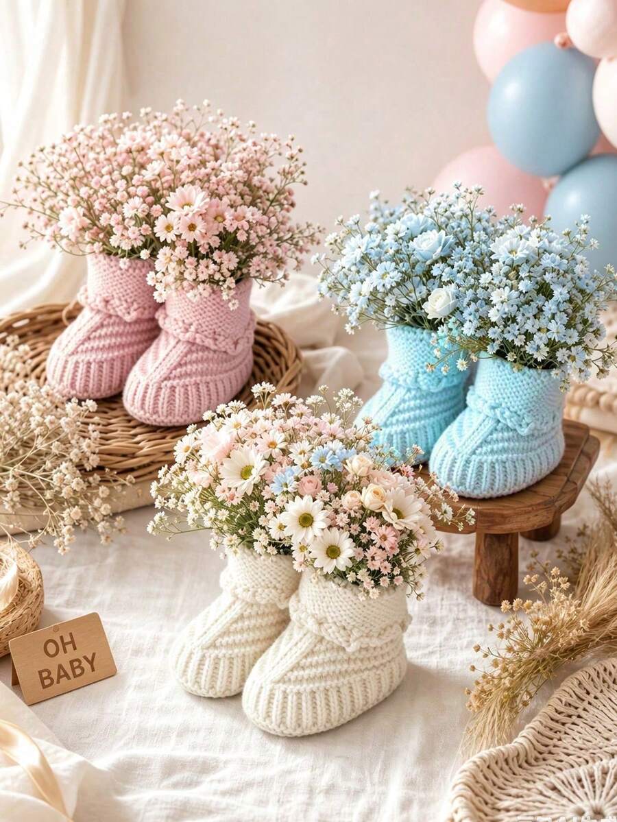 YIYIQCSJ Baby Shower Table Decor Set: Includes Crochet Baby Booties (Suitable For Gender Unisex Reveal Party Decoration) - Multicolor - View 1