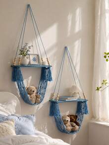 1pc Wall-Mounted Storage Shelf, Hand-Woven Tassel Blue Hanging Rack, Christmas Small Ornament Display Shelf, Home Wall Decor, Holiday Party Background Decoration, Suitable For Bedroom, Living Room, Books, Photo Frames, Aromatherapy, Cosmetics, Plush Ornaments, Dorm Storage, Gift - Multicolor C - View 8