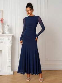 PARTHEA Women's Elegant Deep Blue Mesh Stand Collar Long Sleeve Mermaid Evening Gown, Suitable For Wedding Guests - Navy Blue - View 5
