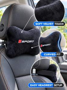 1pc Black Velvet Car Headrest Cushion With Sports Letter Pattern, Suitable For Car Seats, Center Console, Enhancing Interior Comfort For Commuting And Road Trips, Easy To Place Car, SUV And Truck Interior Accessories - Sports - View 4