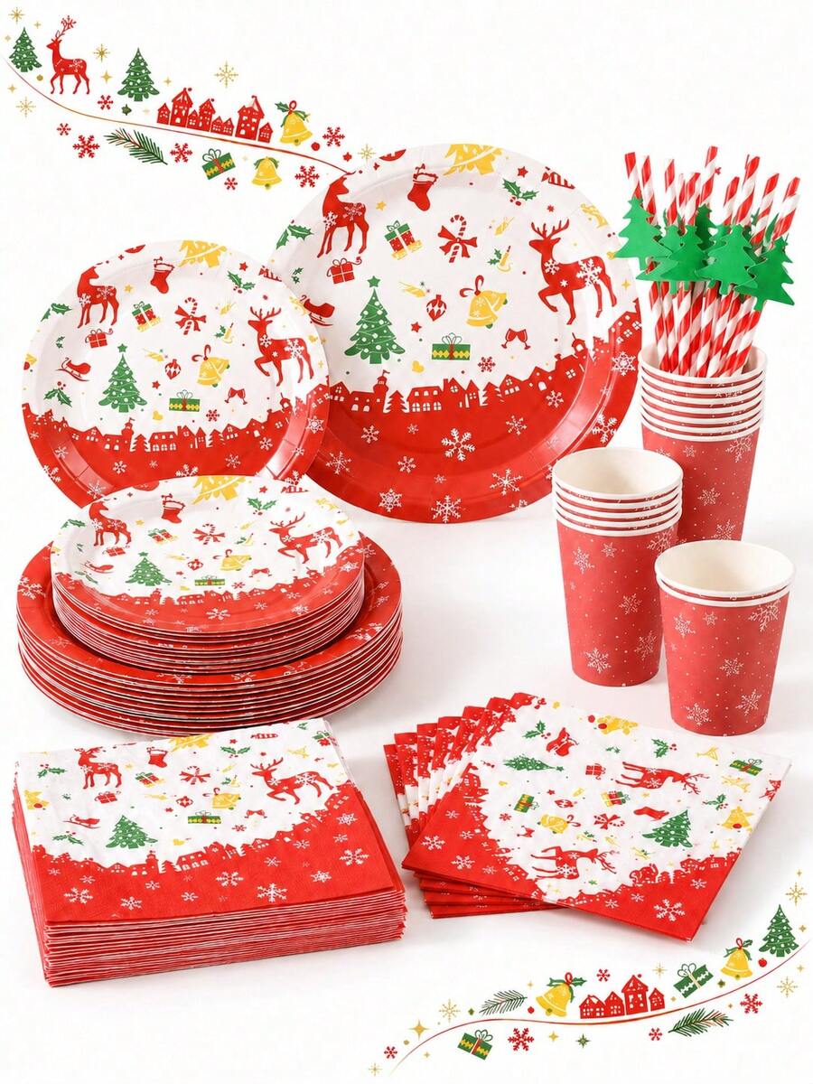 10/20pcs Christmas Disposable Paper Tableware Set (Includes 7-Inch And 9-Inch Plates, Cups, Napkins, Straws), Printed With Reindeer, Christmas Tree, Bell, Gift, Sleigh And Red Border Patterns, Suitable For Christmas Party, Holiday Dinner, Winter Celebration And Holiday Table Setting. - Multi-color 11 - View 1