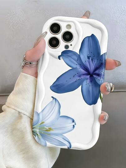 Blue And White Lily UV Printed Wave Cream Anti-Drop Protective Phone Case, Hot-Selling Mobile Phone Case For Samsung Galaxy S26, S25, S24, S24Plus/S24+, S24Ultra, S24FE, S20, S21, S22, S23, Compatible With Iphone 17/17pro/17pro Max/18/18 Pro/18pro Max/11/11 Pro/11 Pro Max/12/12 Pro/12 Pro Max/13/13 Pro/13 Pro Max/14/14 Pro/14 Pro Max/15/15 Pro/15 Pro Max/16/16 Pro/16 Pro Max, IPhone16E Shaped Grip And Military Shockproof Protection, Silicone Case