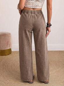 Women's Plus Size Washed Denim Loose Long Jeans, Elastic Waist Design, Non-Stretch Vintage Casual Pants - Brown - View 9