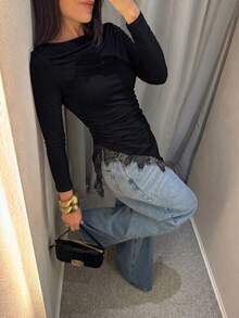 女款蕾絲不對稱下擺長袖上衣 - 黑色 - 查看 9