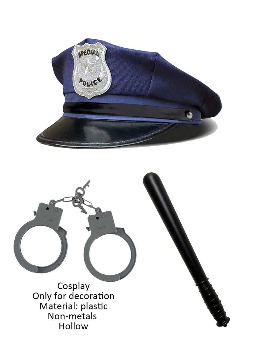 Cosplay Police Hat Set, Party Hat, Valentine's Day Hat Set, Cosplay Handcuffs, Cosplay Prop Stick, Halloween Gift Hat, Suitable For Theme Party, Party Costume, Police Style - Multicolor - View 1