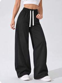 Women's Black Casual Wide Leg Pants Elastic Waist Adjustable Drawstring Relaxed Loose Fit Full Length Everyday Trousers - Black - View 2