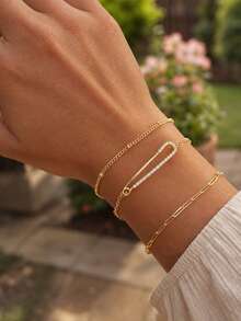 3pcs/Set Women's Brooch Bracelet Set, Beach Vacation Layered Style, Multi-Layer Stacked Brooch Bracelet Set - Yellow Gold - View 2