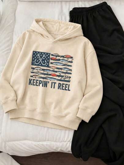 Girls' Cool Casual 2-Piece Set, Apricot Hooded Sweatshirt Paired With Black Wide-Leg Pants, Top Features American Flag, Fish Hook, Simulated Fish Bait Pattern And KEEPIN' IT REEL Text Print On Chest, No Additional Print Details On Pants, Relaxed Loose Hooded Fit Suitable For Autumn/Winter Daily Wear, School Outings, Outdoor Activities, Casual Occasions, Vintage Outdoor Style, And Versatile