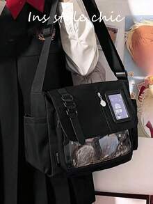 Black Canvas Tote Bag With Japanese Ita Bag Style, Double-Layer Transparent PVC Window Design On Front For Displaying Anime Merchandise, Cards And Collectibles, Multi-Pocket Compartment Storage, Zipper Closure, Adjustable Wide Strap For Comfortable Shoulder Or Crossbody Wear, Large Capacity For Books, Tablets And Daily Essentials, Suitable For Students, Commuting And Anime Fans, Easy To Match With JK And Casual Outfits - Black - View 1