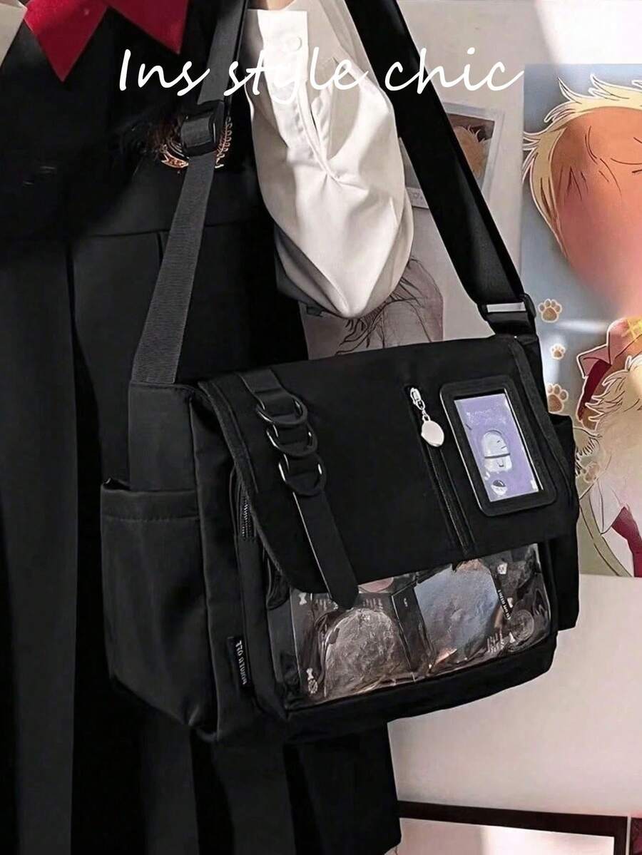 Black Canvas Tote Bag With Japanese Ita Bag Style, Double-Layer Transparent PVC Window Design On Front For Displaying Anime Merchandise, Cards And Collectibles, Multi-Pocket Compartment Storage, Zipper Closure, Adjustable Wide Strap For Comfortable Shoulder Or Crossbody Wear, Large Capacity For Books, Tablets And Daily Essentials, Suitable For Students, Commuting And Anime Fans, Easy To Match With JK And Casual Outfits - Black - View 1