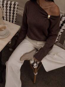 Women's Casual Cute Elegant French Style Gold Button Open Shoulder Long Sleeve Knit Sweater Pullover, Basic Autumn/Winter Outfit Wear - Brown - View 5