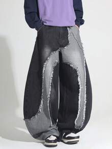 1pc Japanese Street Style Patchwork Raw Edge Men's Curved Leg Wide Leg Loose Comfortable Casual Fashion All-Season Versatile Commute Denim Pants - No Belt & Accessories - Black - View 5