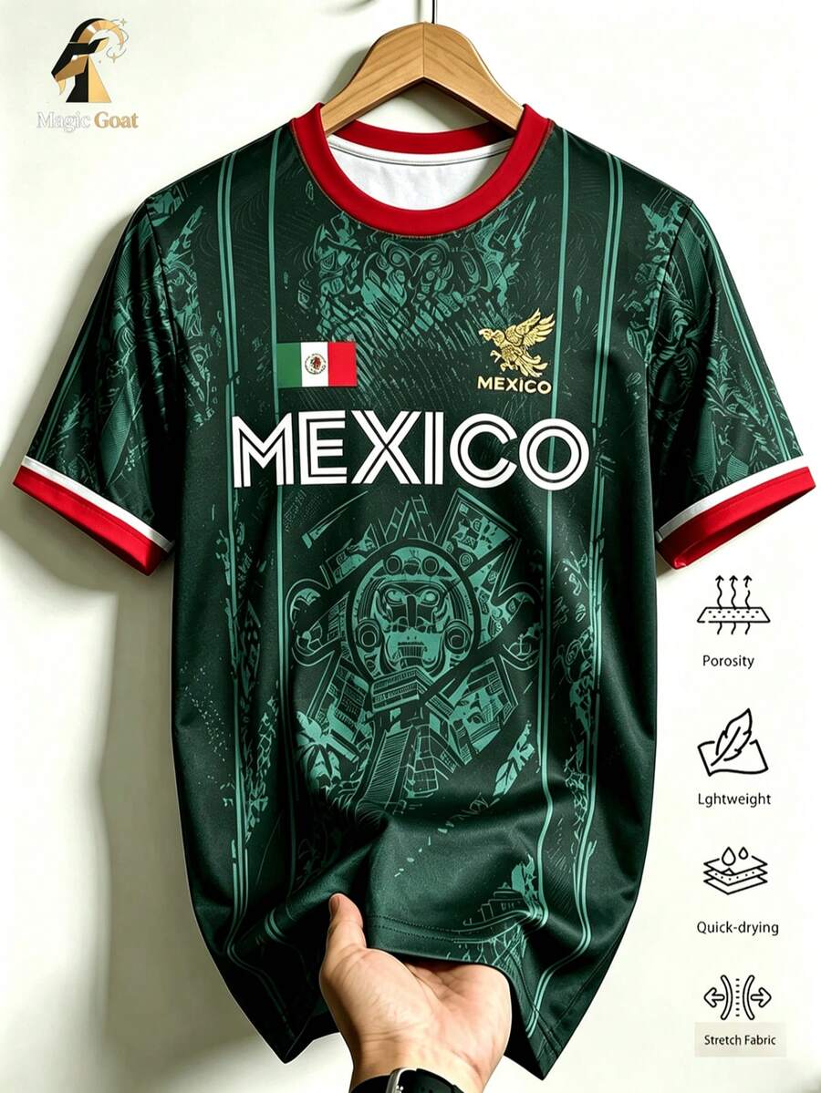 Men's Mexico Print Soccer Jersey, Moisture-Wicking Quick-Dry Lightweight Breathable Short Sleeve Football Shirt, Suitable For Training, Matches, Daily Wear, Great Gift