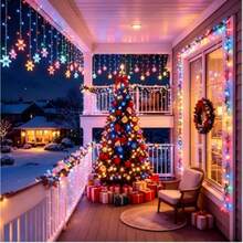 Christmas & Halloween Party Decoration Solar Powered Icicle Snowflake String Lights, Warm/Colorful/White 3 Color Modes, 4*0.6m Wave Style Hanging 16 Strands 96LEDs, 3D Hollow Snowflake Pendants, Transparent And Lightweight, Natural Snowfall Pattern, Clear Petal Outline, Soft Diffused Light, Hanging Ice & Snow Curtain Effect, Dreamy Night View - Solar Powered Snowflake Ice Bar Lights - View 10