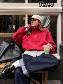 Plus Size Colorblock Stand Collar Drawstring Jacket, Street Travel Airport Date College Style Outerwear, Autumn/Winter Recommended Item - Red - View 2