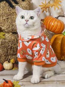 LUCKIE PAW 1pc Halloween Ghost Pattern Pet Sweatshirt, Anti-Flea, Reduces Shedding, Warm And Breathable Dog Vest, Suitable For Small And Large Dogs And Cats, Indoor And Outdoor - Orange - View 4