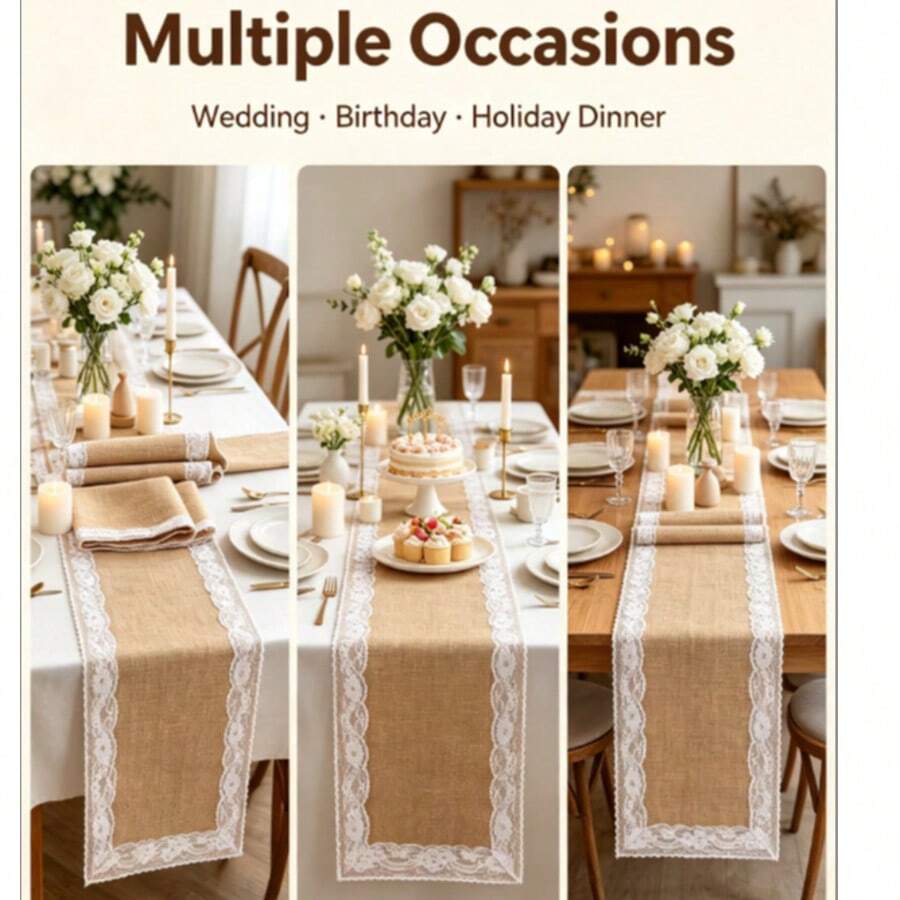 Miater 1pc Lace And Linen Table Runner For Wedding Decoration Rustic Linen Table Runner Suitable For Crafting - Multicolor - View 1