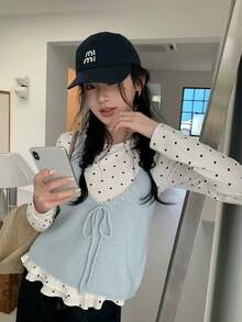 Polka Dot Lace Patchwork Long Sleeve T-Shirt Women Slim Fit Flattering Top Knit Camisole 2 Pieces Set - Blue - View 1