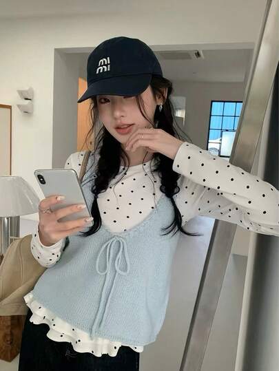 Polka Dot Lace Patchwork Long Sleeve T-Shirt Women Slim Fit Flattering Top Knit Camisole 2 Pieces Set