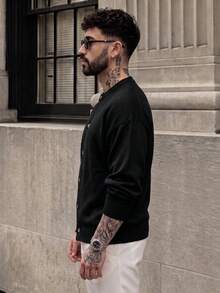 Lookun Men's Round Neck Single-Breasted Knit Cardigan Loose Drop Shoulder Minimalist Long Sleeve Sweater Jacket Autumn/Winter - Black - View 7
