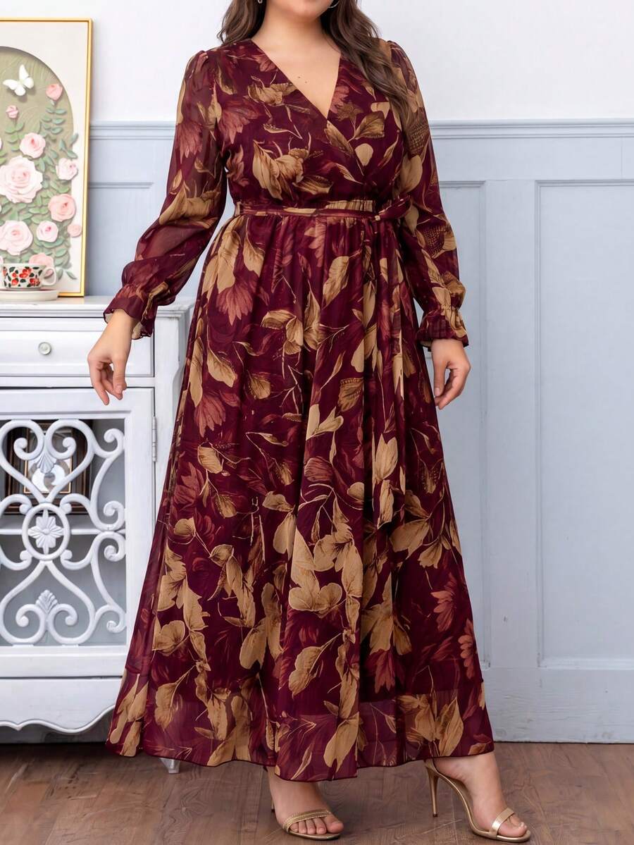 DEARCASE Plus Size Women Floral Print V-Neck Long Sleeve Dress Elegant Vacation - Burgundy - View 1
