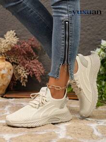 All Season Breathable Mesh Beige Women's Sports Shoes Lightweight Lace-Up Daily Casual Versatile Sneakers - Beige - View 2