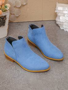 Women's Comfortable Round Toe Suede V-Cut Back Zipper Low Heel Blue Ankle Boots, Casual Style, New Autumn/Winter Daily Wear - Blue - View 6