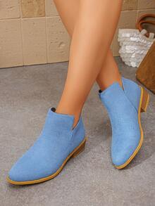 Women's Comfortable Round Toe Suede V-Cut Back Zipper Low Heel Blue Ankle Boots, Casual Style, New Autumn/Winter Daily Wear - Blue - View 4