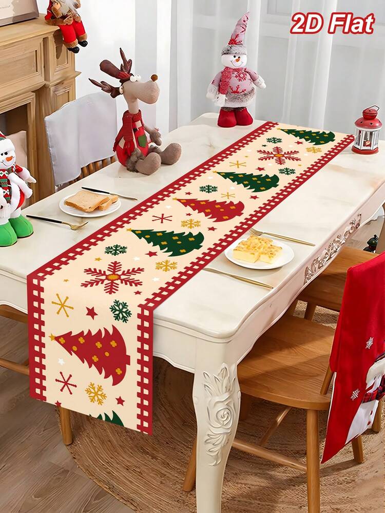 1pc Christmas Table Runner With Red And Green Christmas Tree And Snowflake Pattern, 180*35cm Polyester Christmas Tablecloth, Table Cover, Merry Christmas, Christmas Decoration, Xmas Decor, Christmas Decor, Christmas Table Decoration, Kitchen Dining Table Decoration, Holiday Party Decoration, Winter Home Decor, Indoor And Outdoor Use - Multicolor - View 3