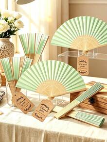 Light Green Folding Fan Gift Set With Mesh Bag And Thank You Card, DIY Handheld Bamboo Folding Fan, Wedding Favor Gift, Bride Dance Prop For Church Wedding Party - Multicolor - View 6