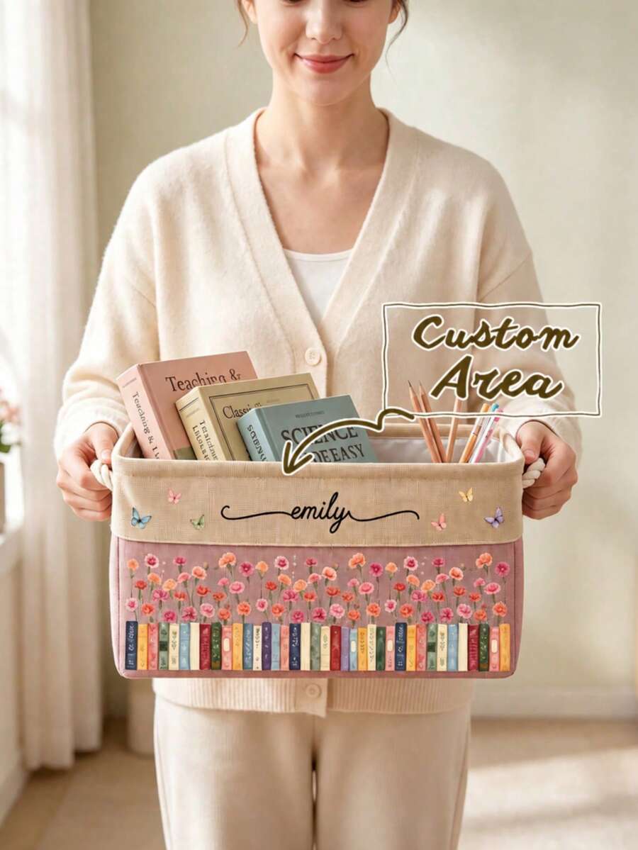 Personalized Birthday Flower Basket, Personalized Storage Basket Customized Floral Book Storage Box, Reading Organizer - Multicolor - View 1