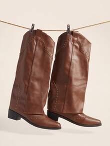 Okurime. Vintage Brown Rivet High Shaft Boots, French Style Women's Thick Heel Versatile Western Cowboy Boots - Brown - View 1