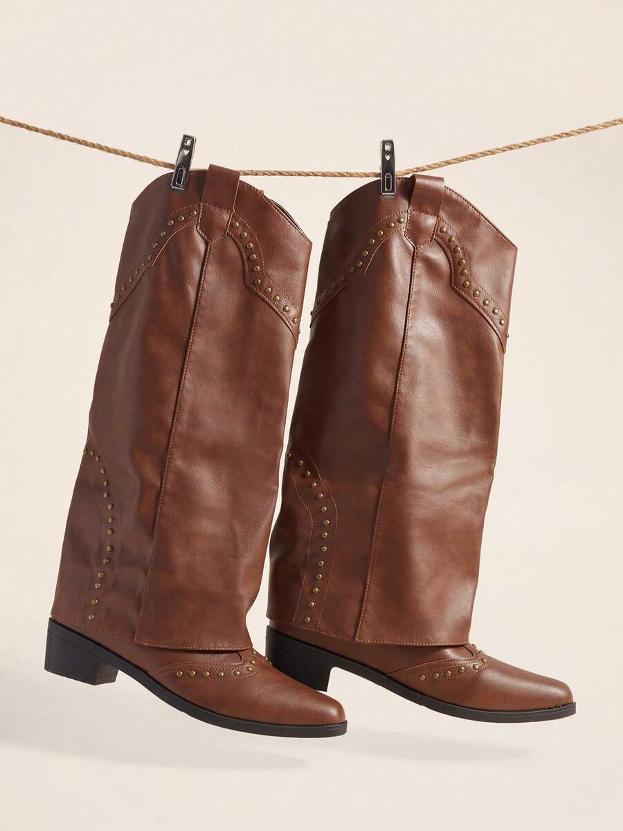 Okurime. Vintage Brown Rivet High Shaft Boots, French Style Women's Thick Heel Versatile Western Cowboy Boots - Brown - View 1