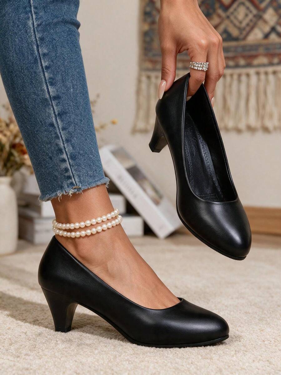 Black Round Toe Chunky Heel Pumps, Women's Casual Commute Slip-On High Heels, Autumn - Black - View 1