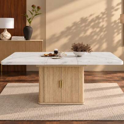 Extendable Dining Table With Storage Cabinet, 150-200 X 90, 6-8 Seater Dining Room Table, 28 Mm Marble Effect Tabletop, Fluted Pedestal Base With Cupboard Storage, Oak & Marble Effect