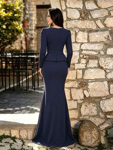 Fall Winter Elegant Long Sleeve Sweetheart Square Neck Mock Two-Piece High Slit Mermaid Maxi Formal Dress For Party Wedding Business Gala - Navy Blue - View 3