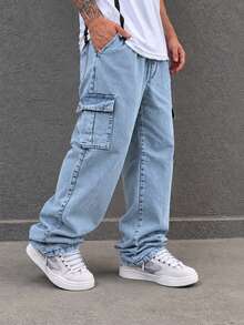 Calça Cargo Jeans Masculina Feminina Jeans Claro Oversized 6 Bolsos Confortável Casual  Cintura Elástica Cordão Estilo Skate P, M, G, GG, G1 - Jeans Clara - Visão 5