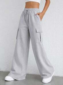 Women's High Waist Thermal Lined Cargo Sweatpants With Drawstring Elastic Waist And Side Pockets Wide Leg Casual Pants - Light Grey - View 11