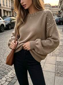 Solid Color Round Neck Beaded Casual Loose Knit Pullover Top - Light Brown - View 2