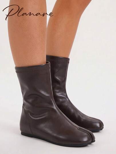 planare Women's New Fashion Casual Retro Pig-Toe Split-Toe Slip-On Flat Brown Slimming Ankle Boots And Ankle Boots