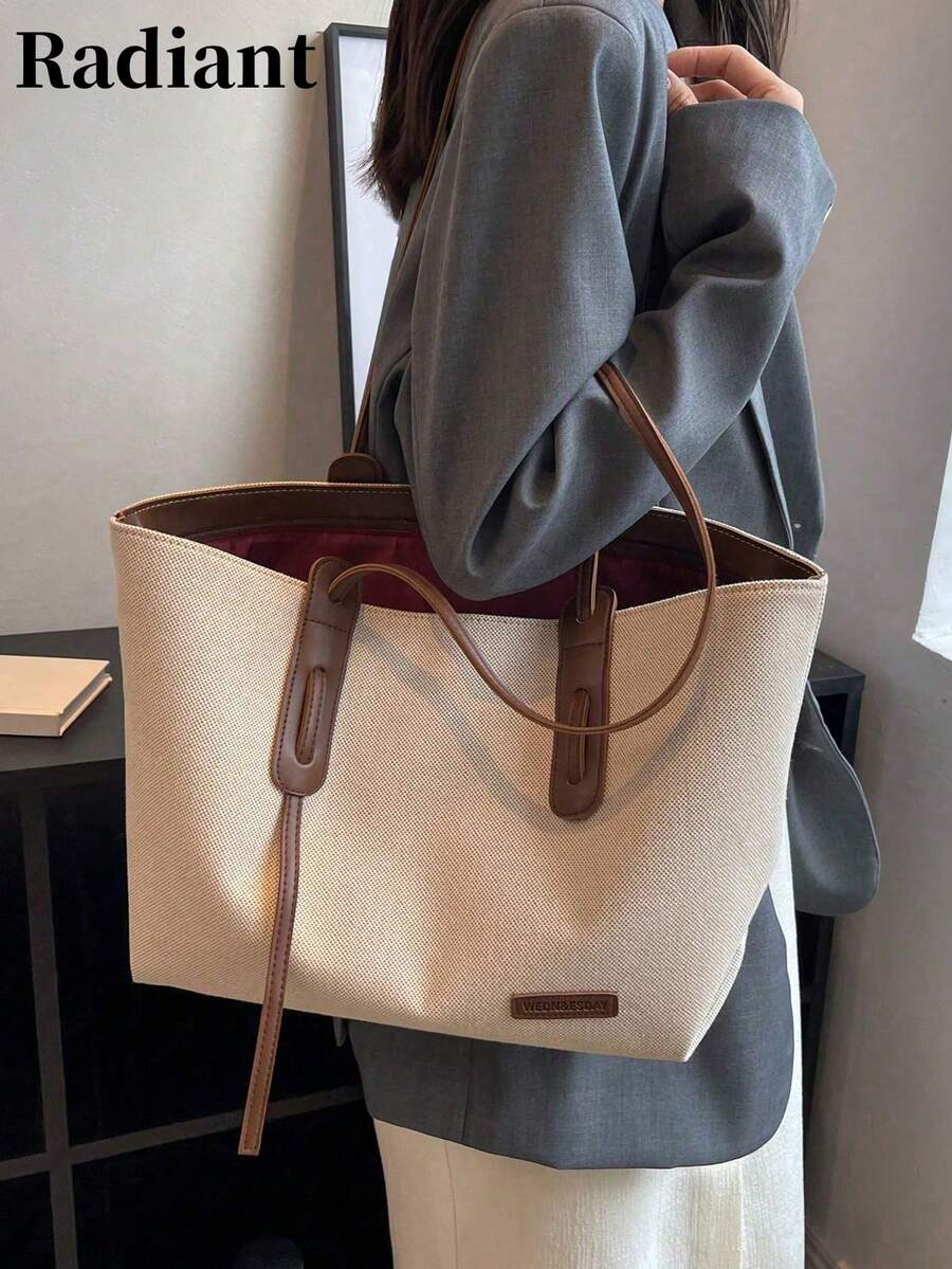 1pc Women's Beige & Brown PU Colorblock Tote Bag, Minimalist Large Capacity Zipper Shoulder Bag, Suitable For Commuting, Work, College, Shopping, Short Trips - Coffee - View 1