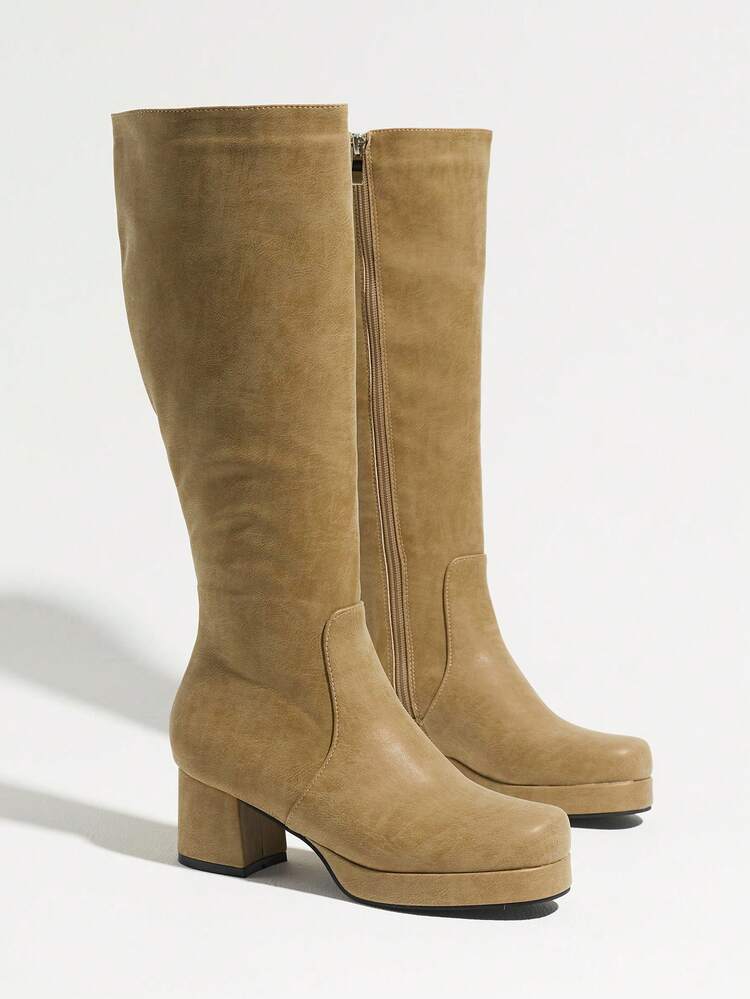 European And American Black Fashion Women's Square Toe Side Zipper Knight High Tube High Platform Knee-High Boots, Elegant Fashion Soft Sole - Khaki - View 7