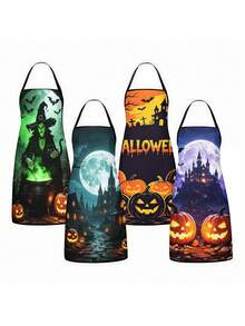 1pc/2Pcs/4Pcs Spooky Dark Halloween Apron, Witch Cauldron Haunted Castle Full Moon Pumpkin Print Apron, Cooking Baking Holiday Costume Apron - Multicolor - View 11
