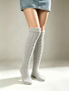 1 Pair Thick Knitted Cable Knit Knee-High Socks, Warm Casual Daily Wear, Comfortable Socks - Light Grey - View 4