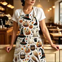 1pc Halloween Magic Party Print Apron - Halter Neck Sleeveless Design With Ghost, Pumpkin Lantern, Candy, Cauldron And Magic Wand Patterns, Suitable For Kitchen Cooking, Housework Cleaning And Halloween Party Use, Home Decor, Atmosphere Apron, Fun Home Daily Necessities, Joyful Holiday Gift - Multicolor - View 1