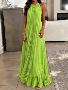 Summer Casual Vacation Solid Color Pleated Backless Tie-Up Top And Skirt 2 Pieces Set, Women's Outfit, Lightweight And Slightly Sheer Material, Recommended To Pair With Base Layer, Suitable For Summer Wear - Green - View 3