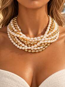 1pc Women's Multi-Layer Faux Pearl Necklace, Golden Color Beaded Layered Statement Necklace, Elegant Party Jewelry - Gold - View 1